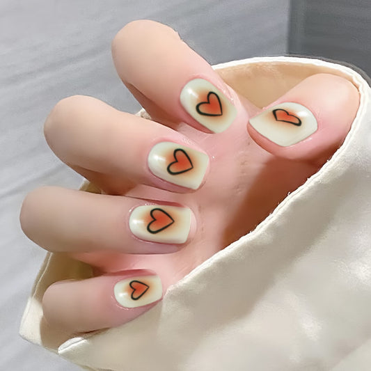 Romantic Heartfelt Short Square Acrylic Press On Nail Set in Soft Cream with Charming Love Symbol Design