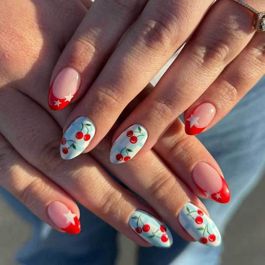 Cherry Blossom Dream Long Almond Shaped Red and Blue Press On Nail Set with Whimsical Cherry Design