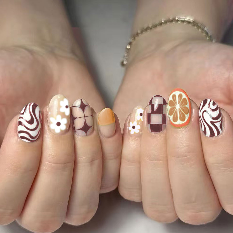 Chic Autumn Vibes Medium Oval Brown Floral Press On Nail Set