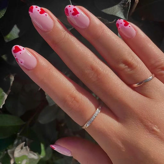 Enchanting Romance Pink Short Oval Shaped Nail Set with Heart Dots