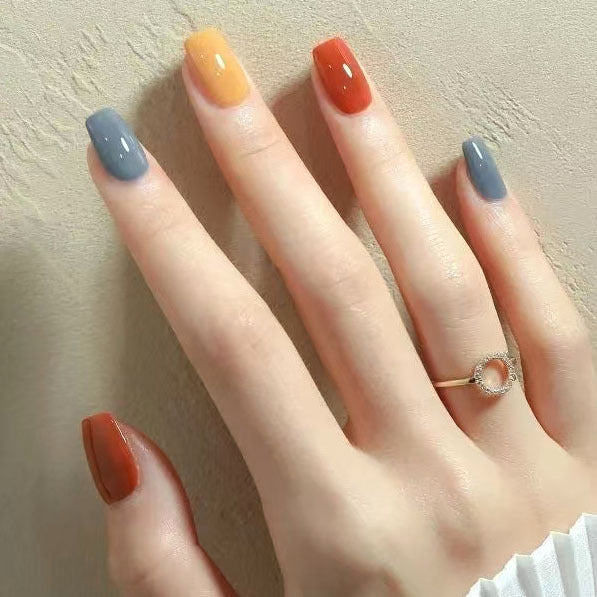 Autumn Vibes Elegant Medium Square Color Block Press On Nail Set Featuring Glossy Finish