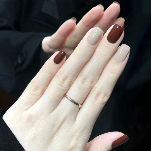 Autumn Elegance Medium Square Brown and Beige Glossy Press On Nail Set with Two Tone Finish