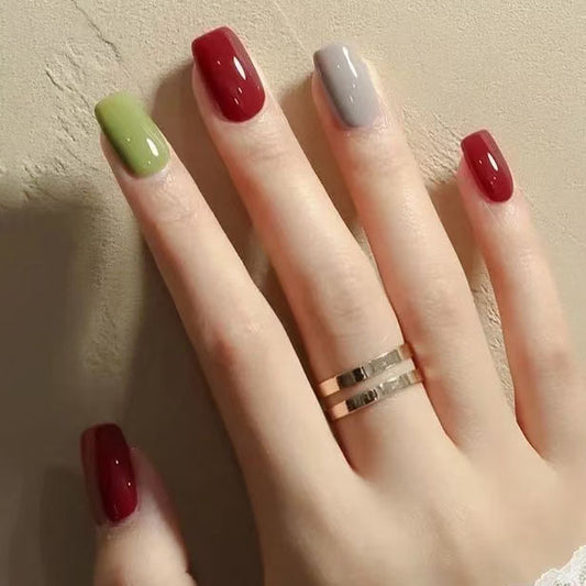 Chic Autumn Vibes Medium Square Multicolored High Gloss Press On Nail Set