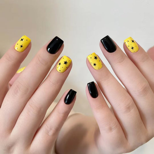 Starry Night Glam Press on Nail Set Short Square Black and Yellow with Fun Star Accents