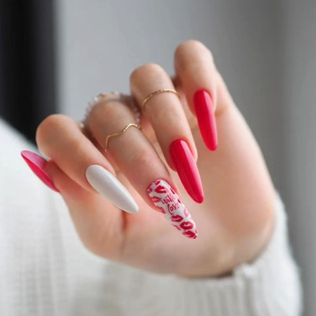 Romantic Elegance Long Almond Red and White Press-On Nail Set with Lip Print Accent