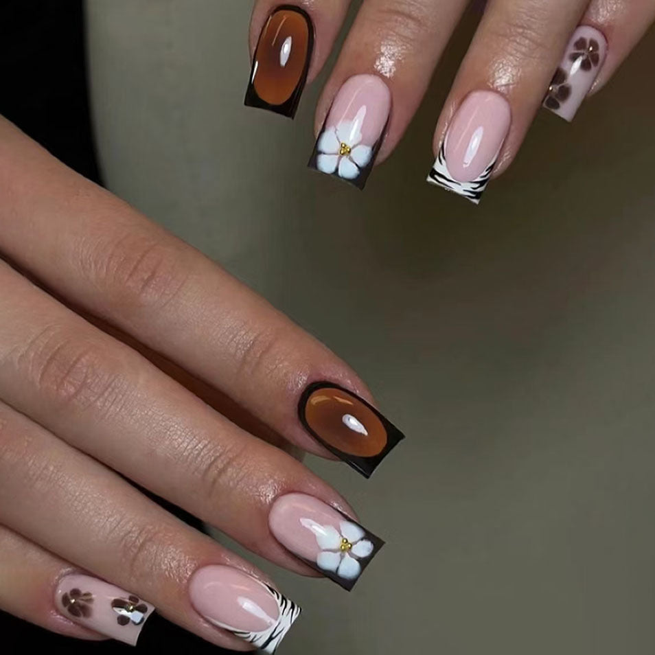 Chic Floral Harmony Medium Square Brown Beige Acrylic Nail Set with Unique Black and White Design