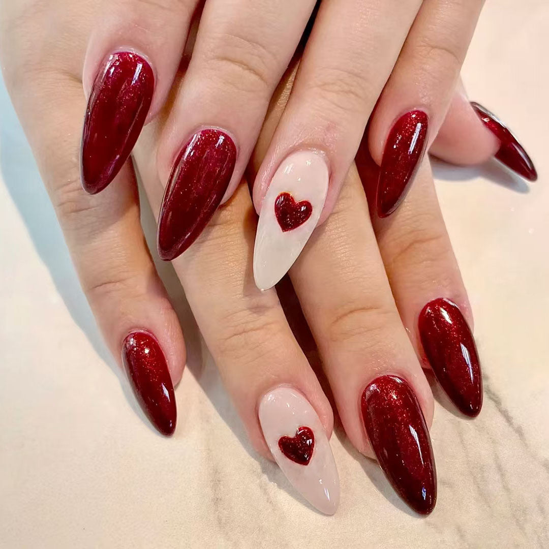 Romantic Elegance Long Almond Red Sparkling Press On Nail Set with Heart Accent