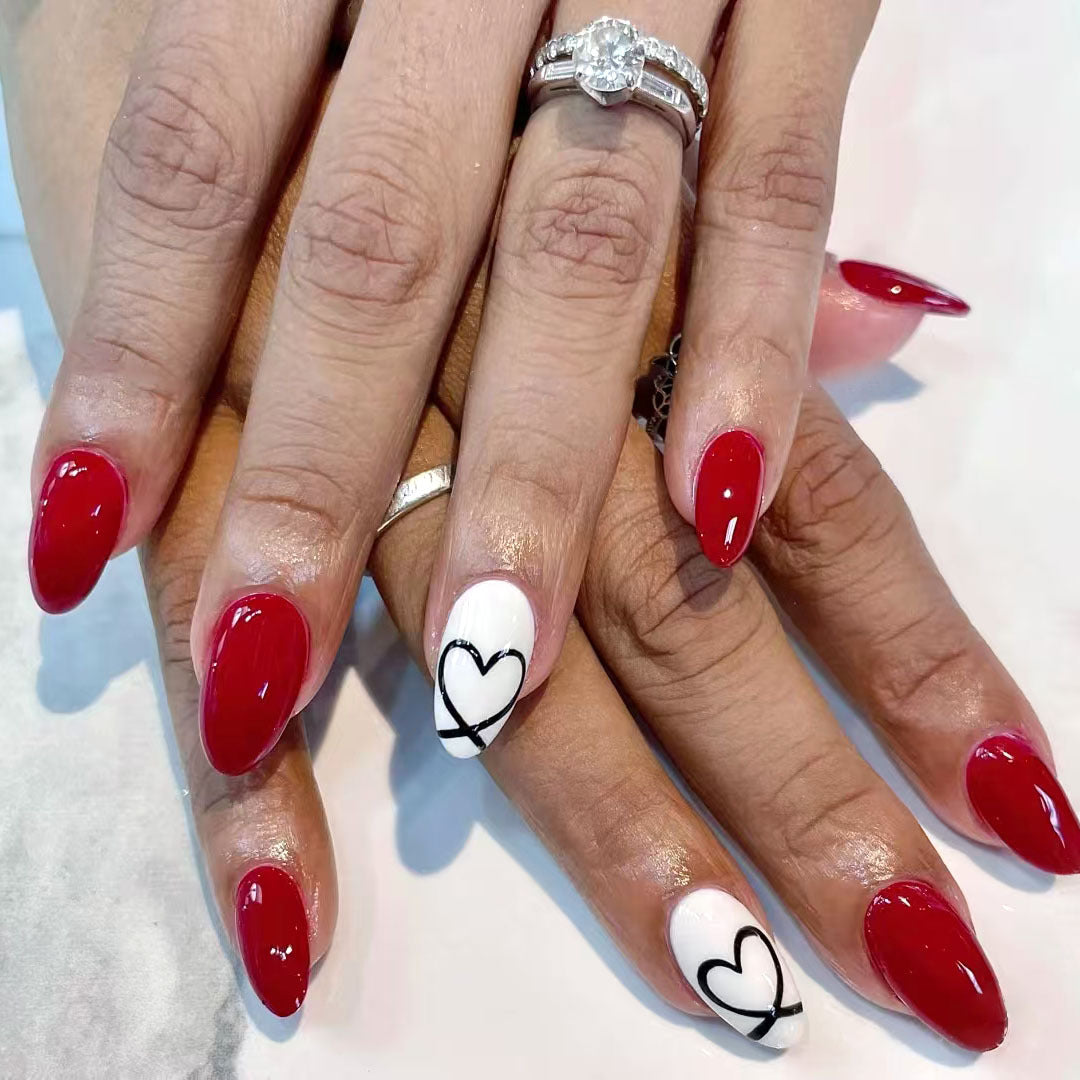 Romantic Hearts Themed Short Almond Shaped Glossy Red and White Press On Nail Set with Artistic Heart Design