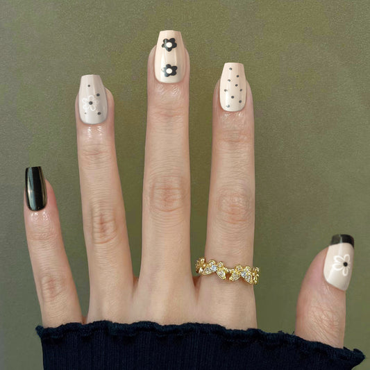 Floral Elegance Medium Coffin Beige Black and White Floral Design Press on Nail Set