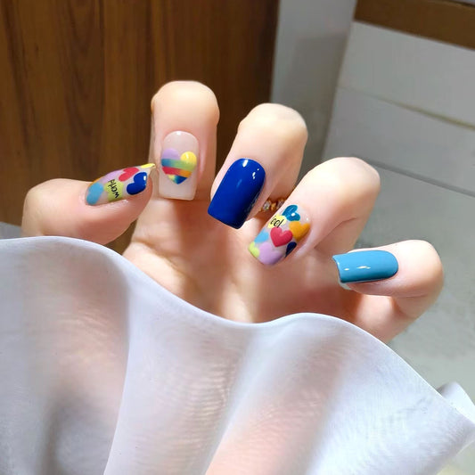 Rainbow Heart Delight Lengthy Medium Square Multicolored Press On Nail Set Featuring Unique Heart Patterns