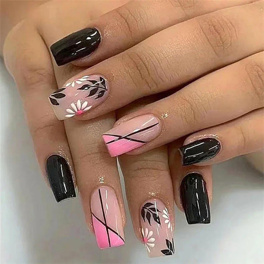 Floral Elegance Medium Square Black and Pink Press-On Nail Set with Intricate Flower Accents