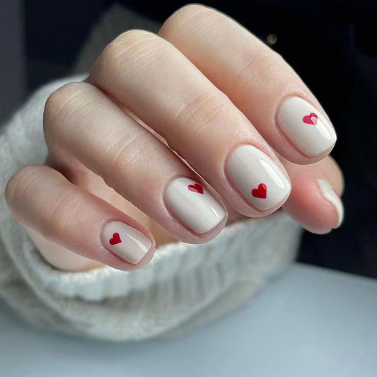Romantic Heartfelt Short Square Cream Press On Nail Set with Charming Red Heart Accents