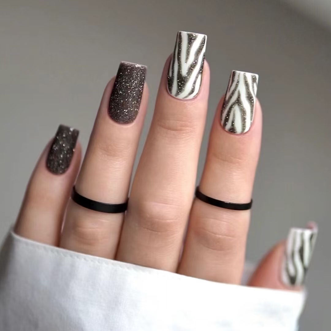 Chic Safari Glamour Medium Square Glittery Brown and White Animal Print Press On Nail Set