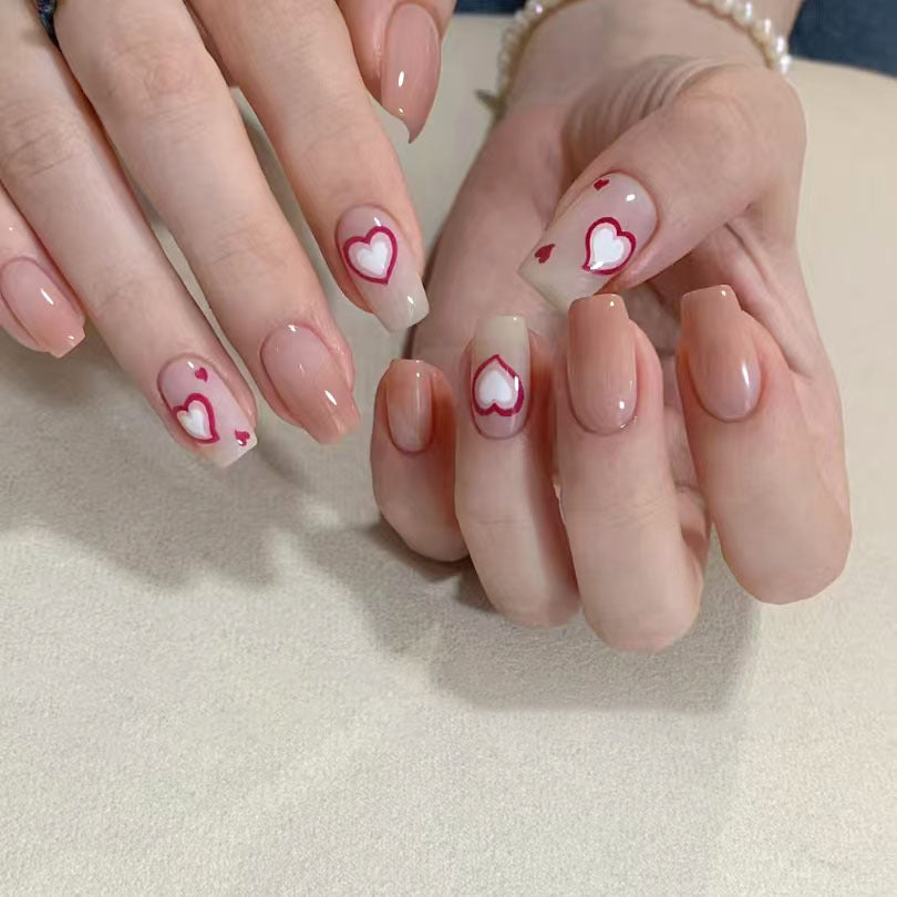 Charming Heartfelt Elegance Medium Square Beige Press on Nail Set with Heart Design