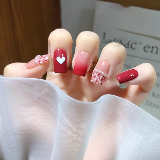 Romantic Elegance Medium Square Red Ombre Nails with Heart and Pearl Accent