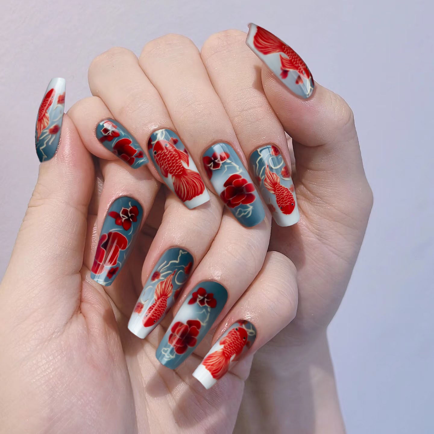Zen Garden Inspired Medium Coffin Shape Elegant Teal with Vibrant Red Koi Fish Design Press On Nail Set