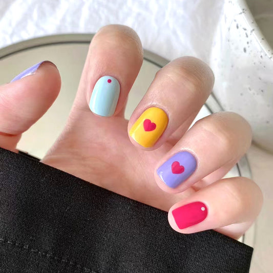 Whimsical Love Hearts Short Square Colorful Nail Set with Fun Heart Design