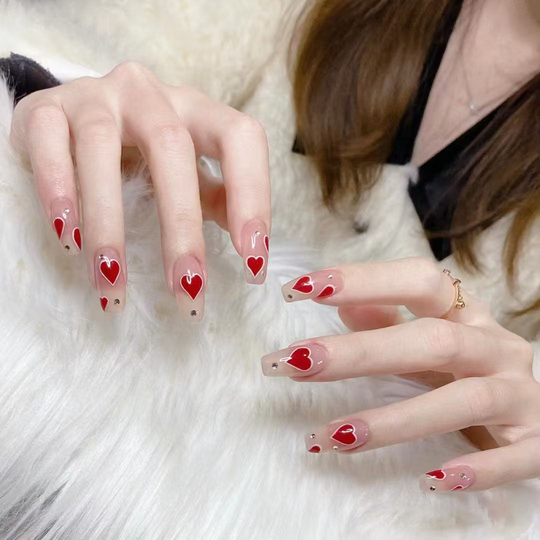 Romantic Love Hearts Medium Square Red Nail Set with Sparkling Accents