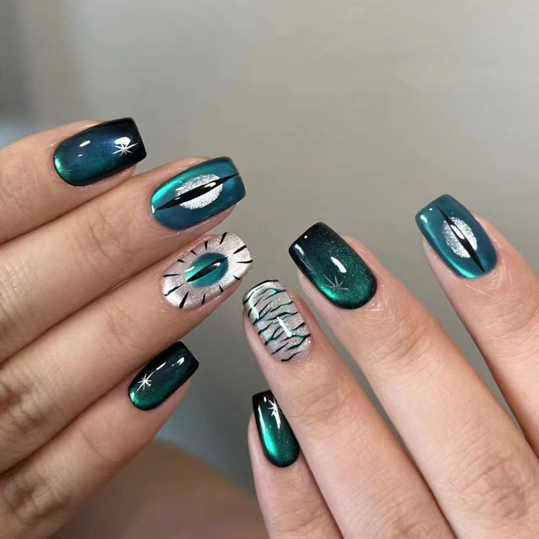 Celestial Dreamscape Medium Square Teal Gradient Press On Nails with Striking Metallic Accents