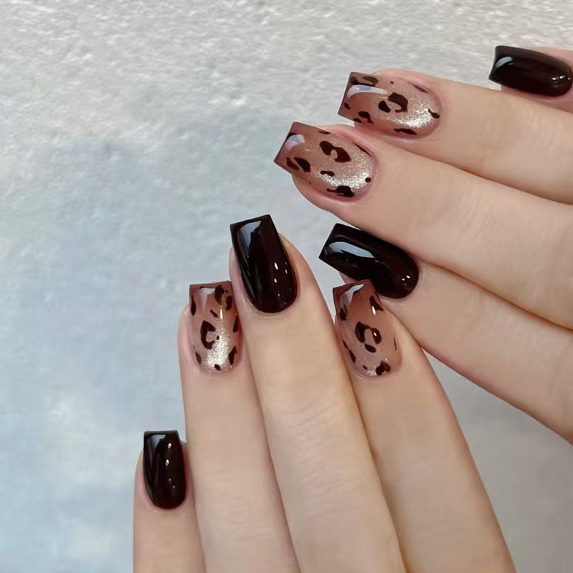 Wild Safari Square Shaped Medium Brown and Black Animal Print Press On Nail Set