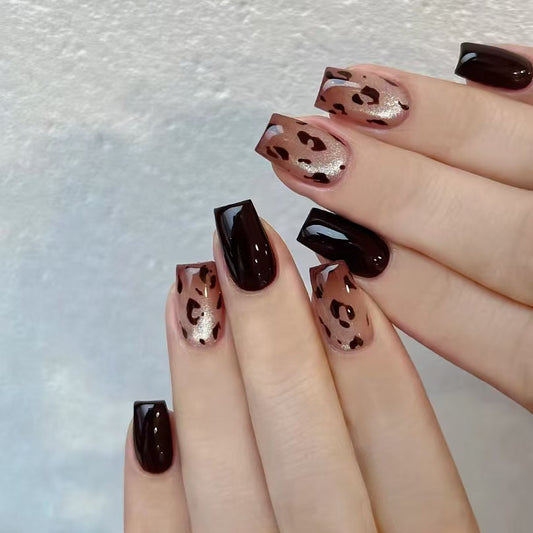 Wild Safari Square Shaped Medium Brown and Black Animal Print Press On Nail Set