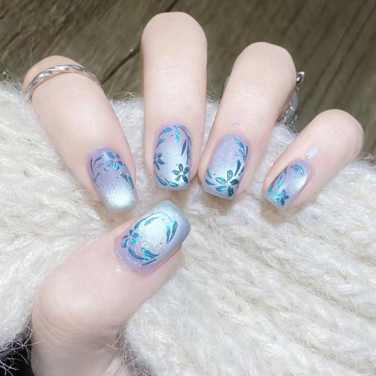 Whimsical Floral Harmony Medium Square Ombre Blue Press On Nail Set with Stunning Glitter Accents