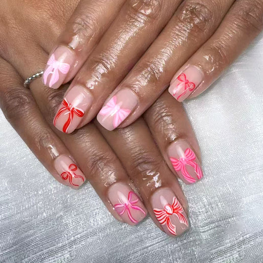 Charming Bow Theme Medium Square Pink and Red Press On Nail Set with Delightful Bow Designs