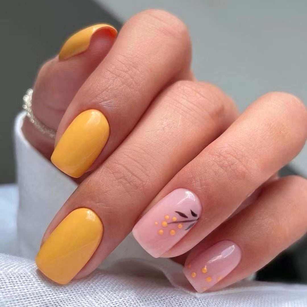 Sunshine Blossom Short Square Press On Nail Set in Bright Yellow with Floral Accents and Glossy Finish