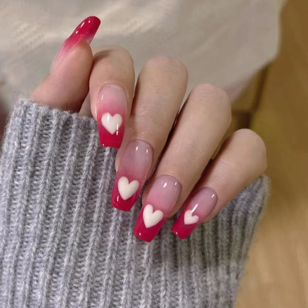 Romantic Heart Designed Long Coffin Gradient Pink Press On Nails