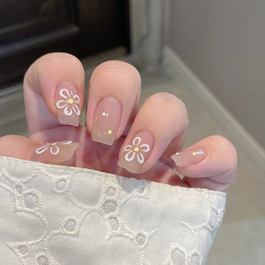 Blossom Elegance Medium Square Beige Nails with Floral Design and Sparkling Accents