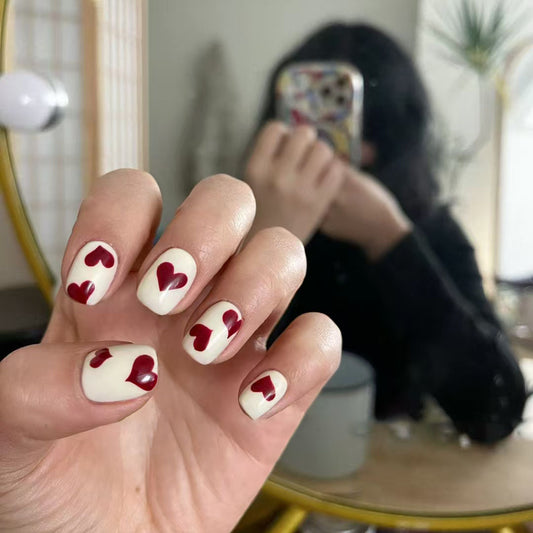 Love Inspired Short Square Shape Creamy White and Bold Red Heart Design Press On Nail Set