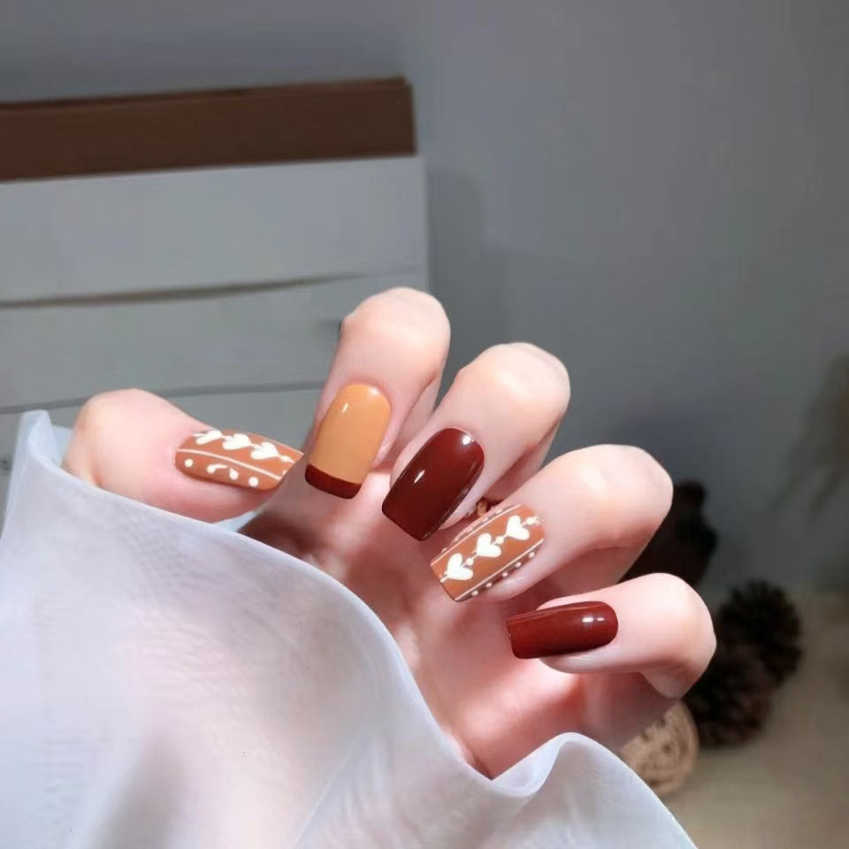 Autumn Bliss Medium Square Burgundy and Beige Press-On Nail Set with Charming Heart Design