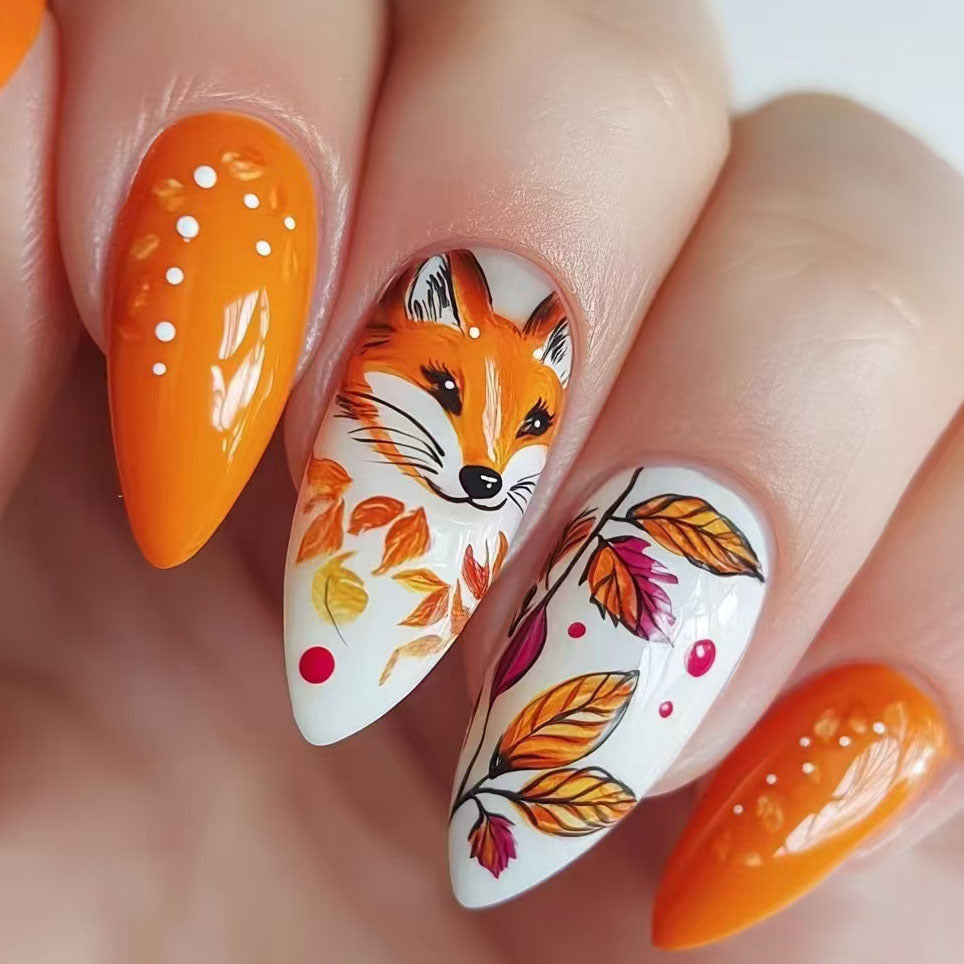 Autumn Whimsy Medium Almond Orange and White Nail Set with Fox and Leaf Artwork