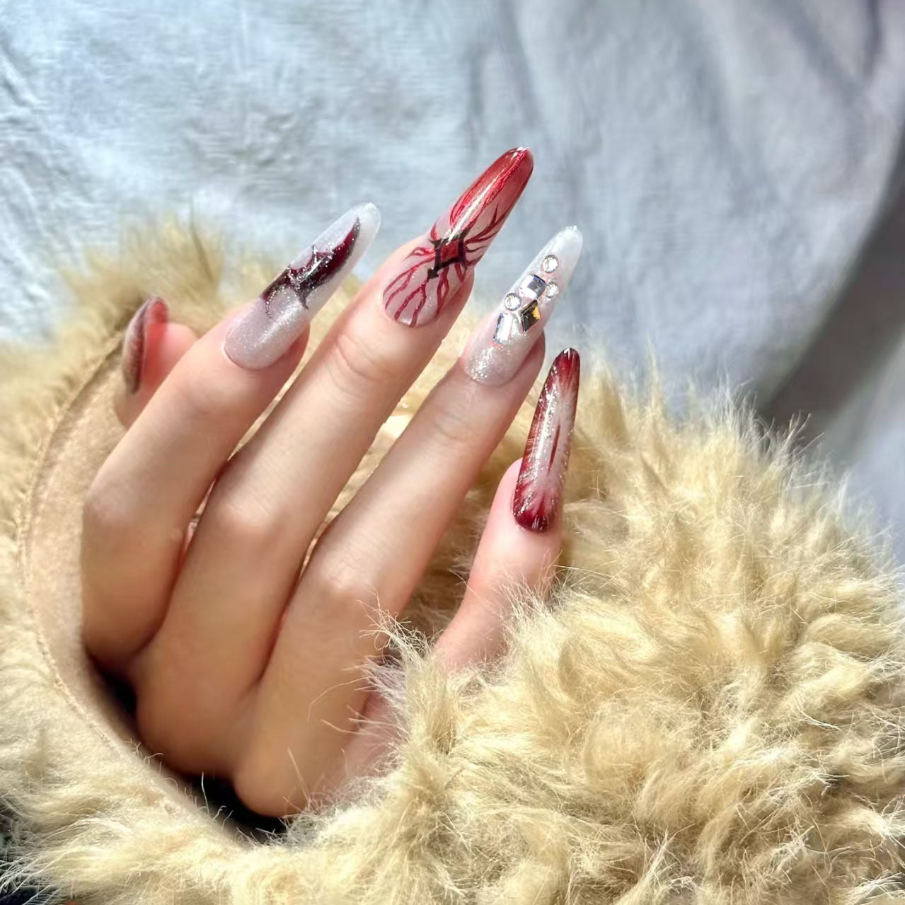 Spooky Elegance Long Almond Red and White Ombre with Sparkling Gem Accents Press on Nail Set