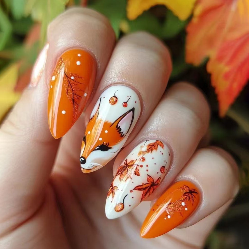 Autumn Whimsy Medium Almond Orange and White Press-On Nail Set with Fox Design and Glitter Accents