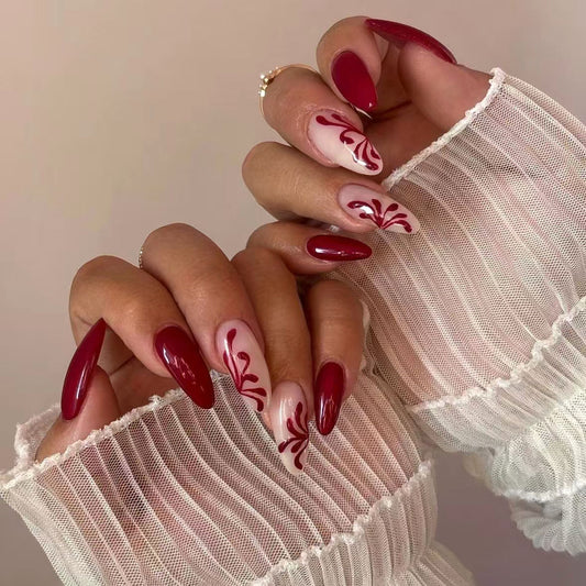 Elegant Enchantment Medium Almond Shaped Burgundy and Ivory Press on Nail Set with Artistic Floral Design