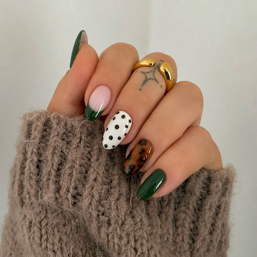 Autumn Vibes Medium Almond Green with Unique Speckled Design Press On Nail Set