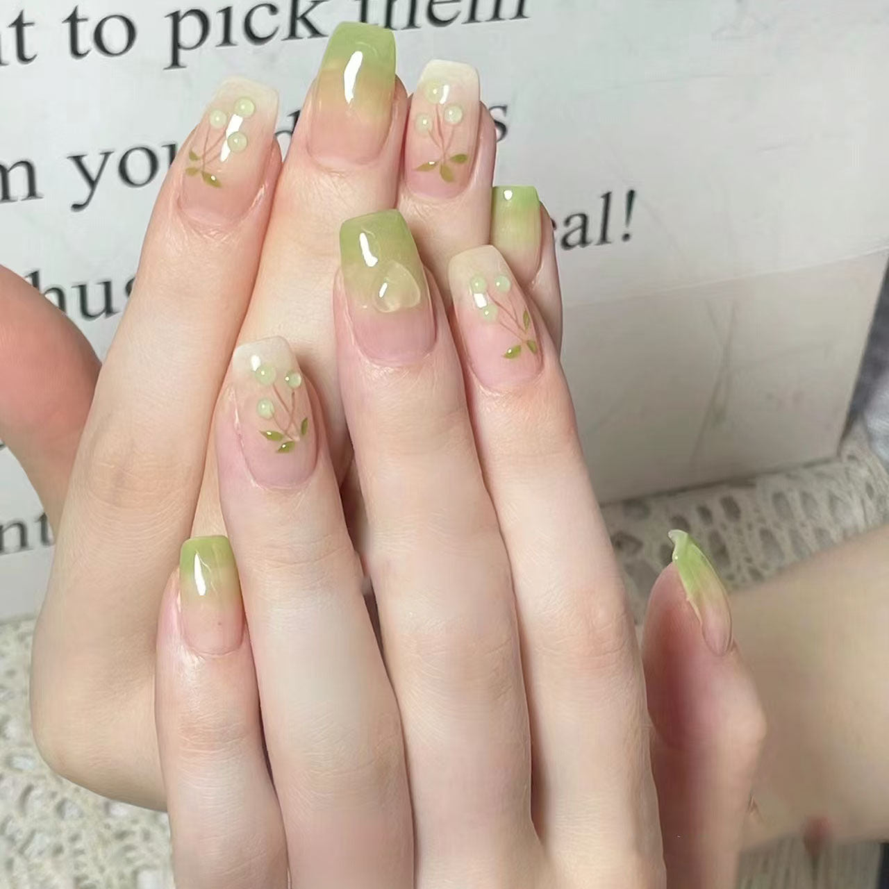 Botanical Bliss Medium Square Press On Nails in Green Ombre with Floral Accents