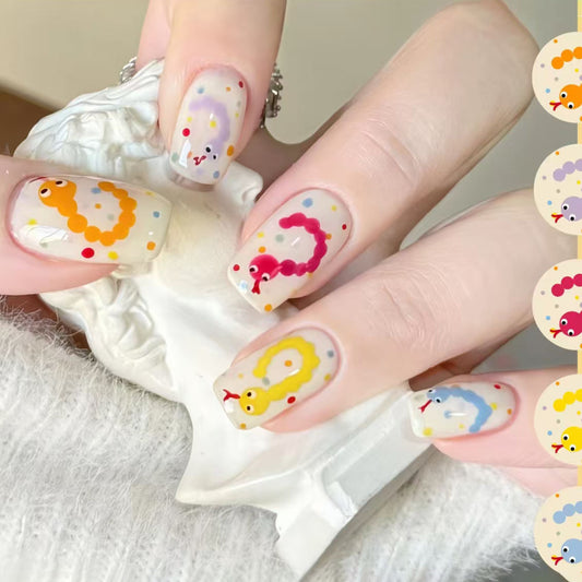 Whimsical Caterpillar Bliss Medium Square Multicolor Press-On Nail Set with Fun Playful Designs