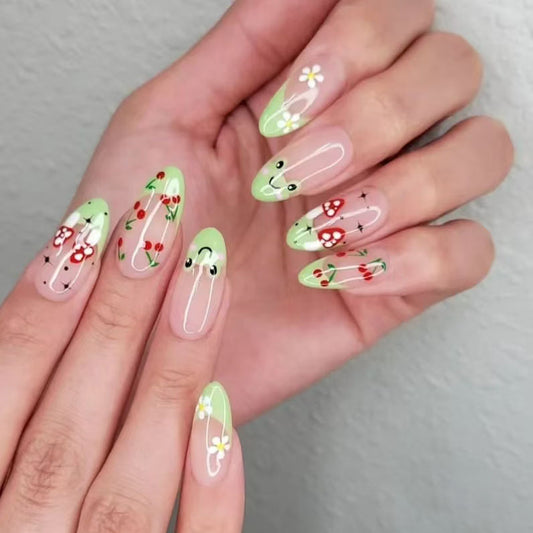 Garden Party Medium Almond Green with Floral Design Press on Nail Set
