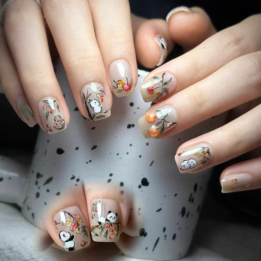Whimsical Garden Short Square Press-On Nail Set in Soft Beige with Charming Animal Illustrations