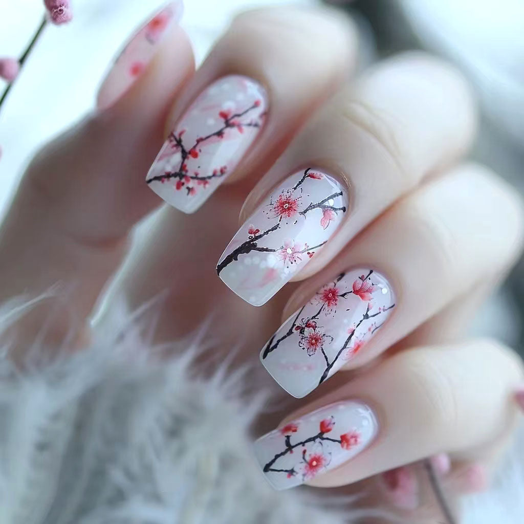 Blossom Serenity Medium Square Pink Floral Press On Nail Set with Cherry Blossom Design