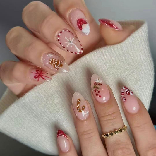 Festive Elegance Long Almond Length Red and Pink Colorful Holiday Design Press On Nail Set