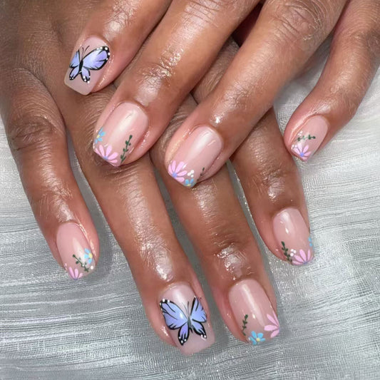 Whimsical Garden Inspired Short Square Soft Pink Press On Nail Set with Charming Butterfly and Floral Accents