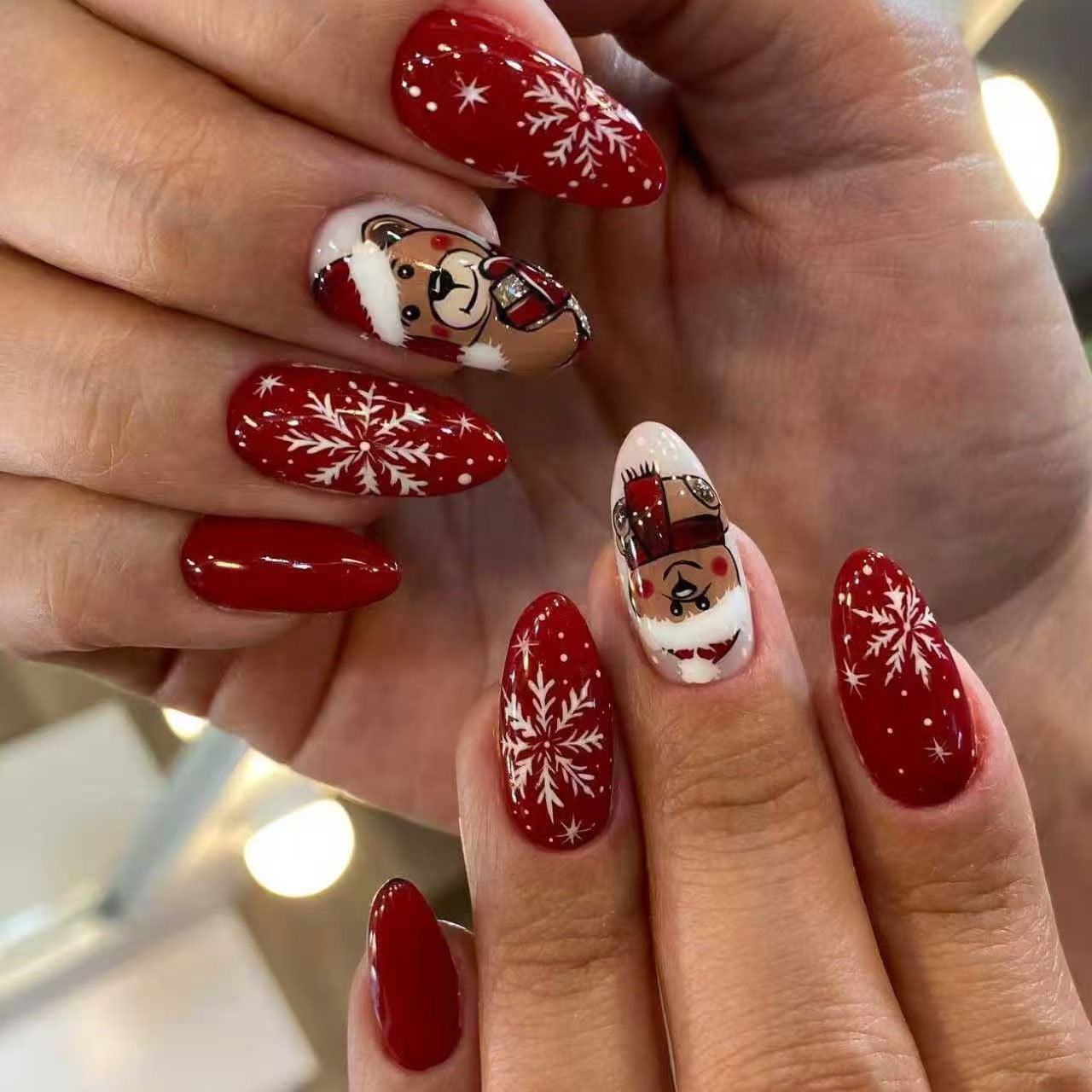 Festive Cheer Long Almond Red with Snowflake and Holiday Character Design Press On Nail Set
