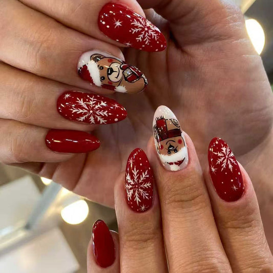 Festive Cheer Long Almond Red with Snowflake and Holiday Character Design Press On Nail Set