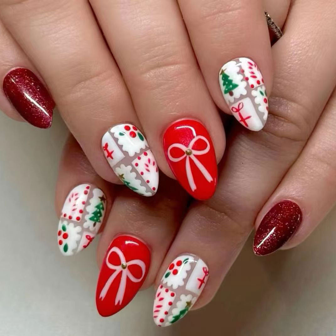 Festive Wonderland Red and White Long Almond Shaped Glossy Nail Set with Charming Bow Designs