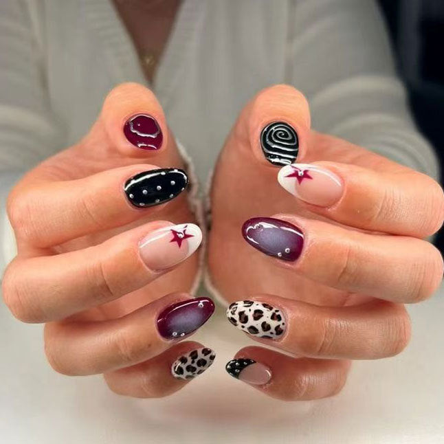 Cosmic Chic Medium Oval Burgundy and Black Colorful Designs Press-On Nail Set