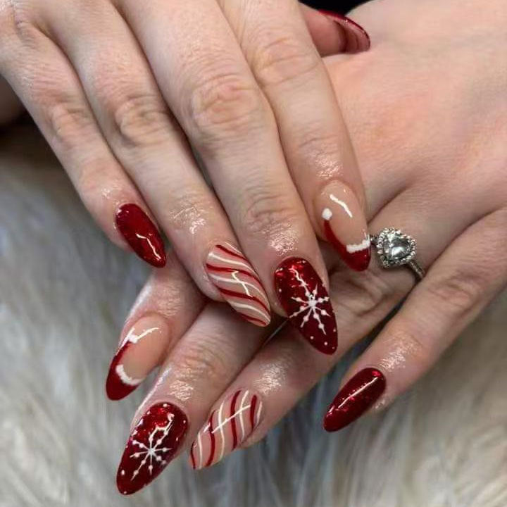 Festive Elegance Long Almond Red with Candy Cane Stripes and Glittering Snowflake Press On Nail Set