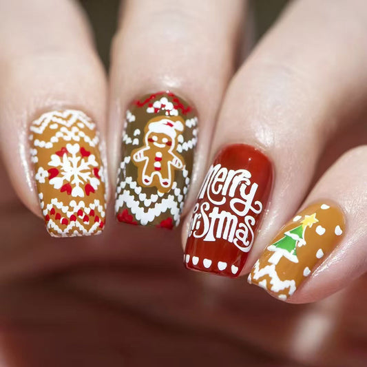 Festive Holiday Medium Square Brown and Red Press On Nail Set with Gingerbread and Christmas Tree Design